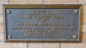 Modern Travelers and dedication plaque at the Albany Oregon Public Library